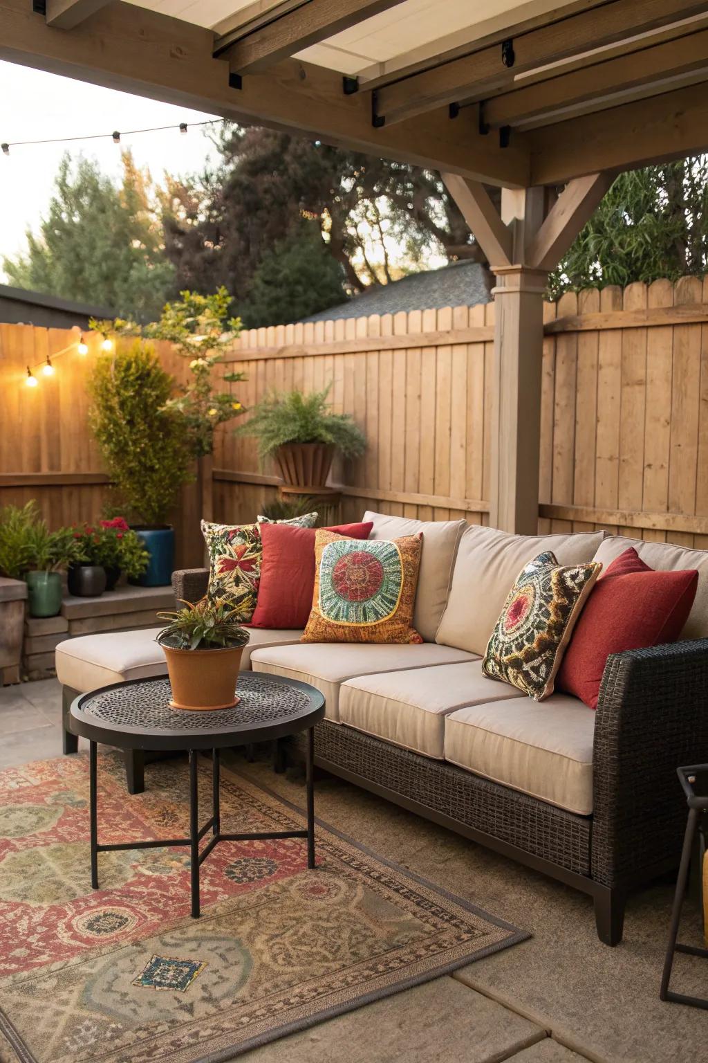 A cozy nook with plush seating and vibrant pillows.