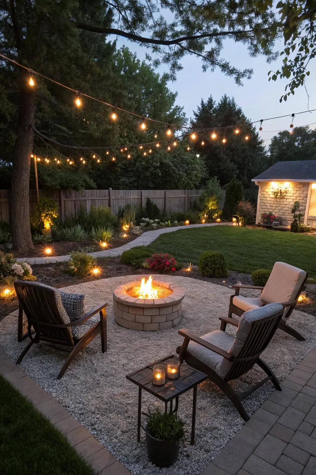 Warm up your evenings with a pea gravel fire pit retreat.