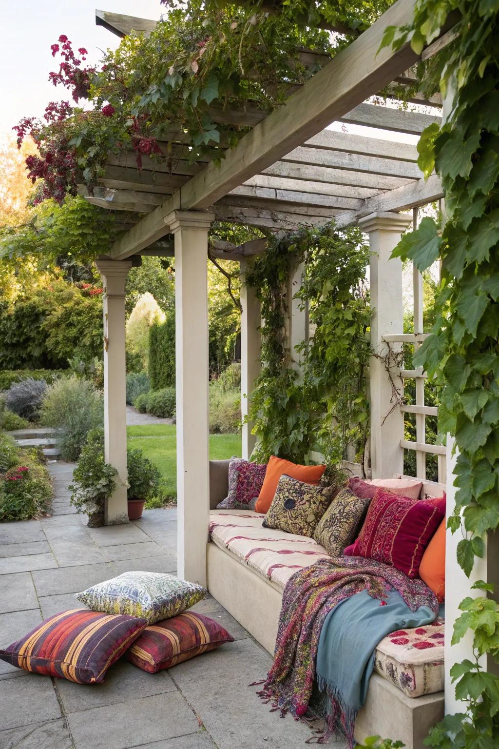 A cozy seating area under the pergola invites relaxation and comfort.