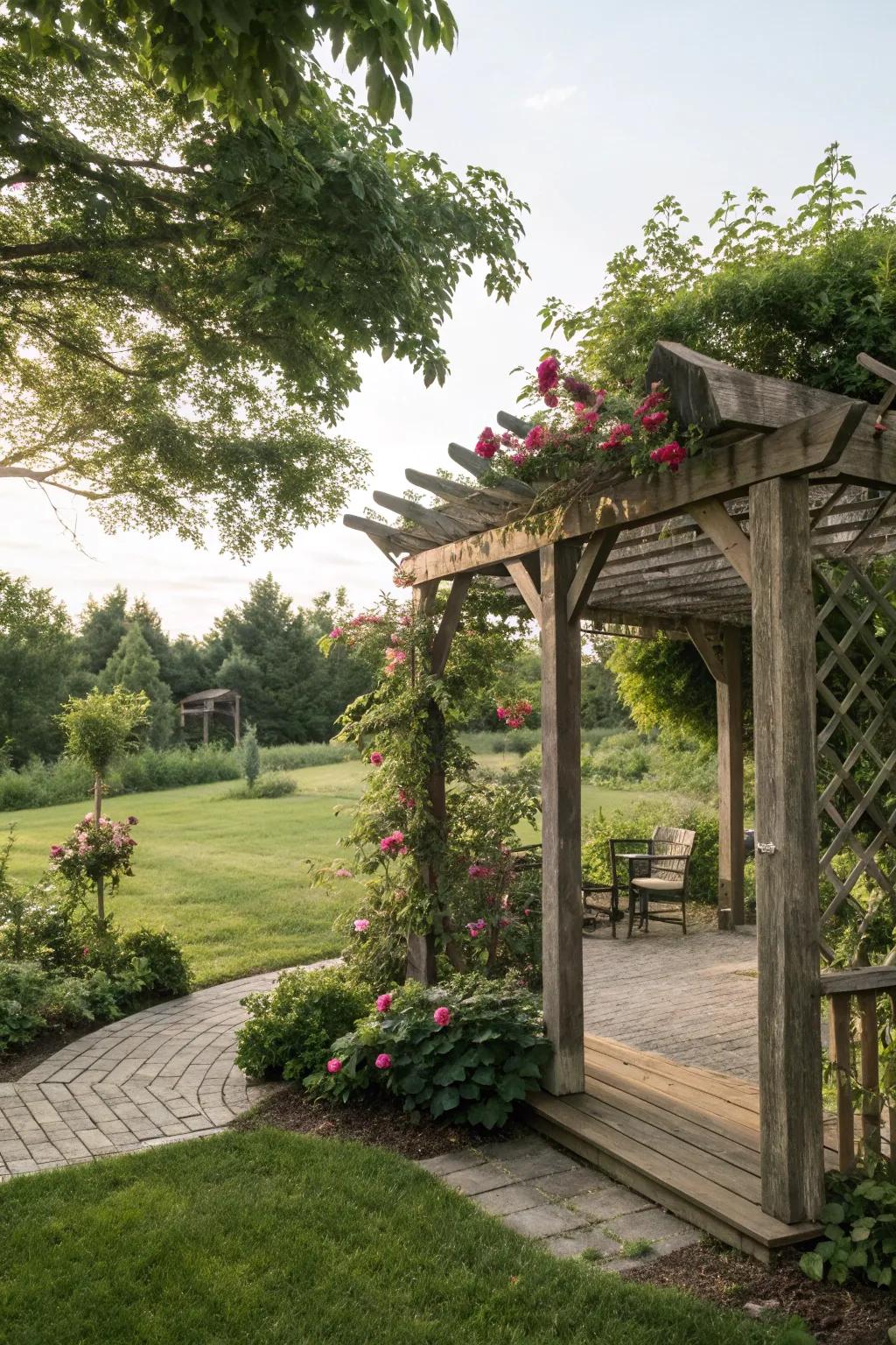 A wooden pergola adds a touch of nature to your outdoor space.