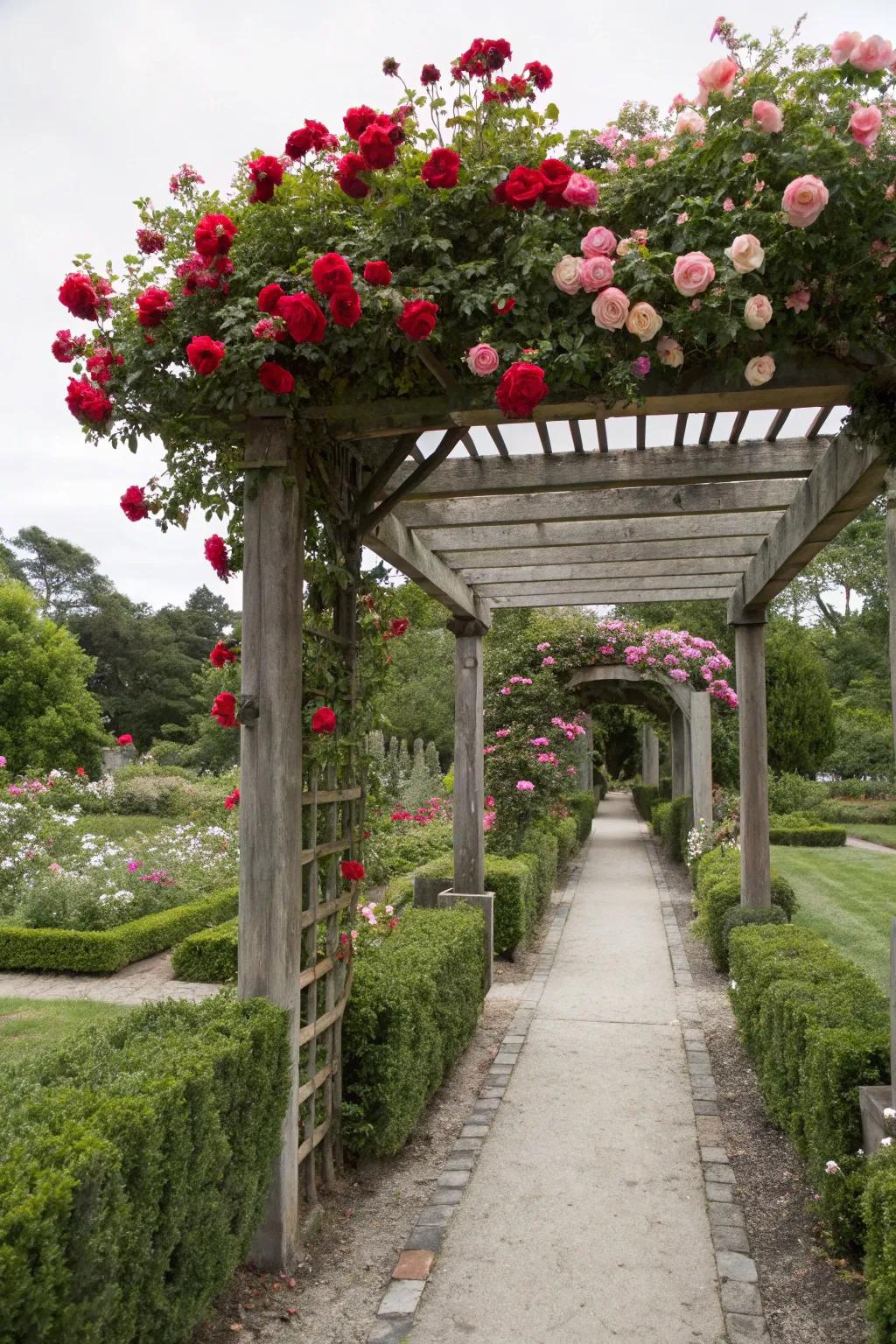 A classic wooden arbor transforms a garden path into a romantic escape.