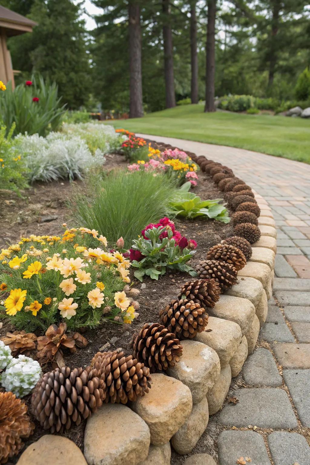 Pinecones create a natural border around garden beds.