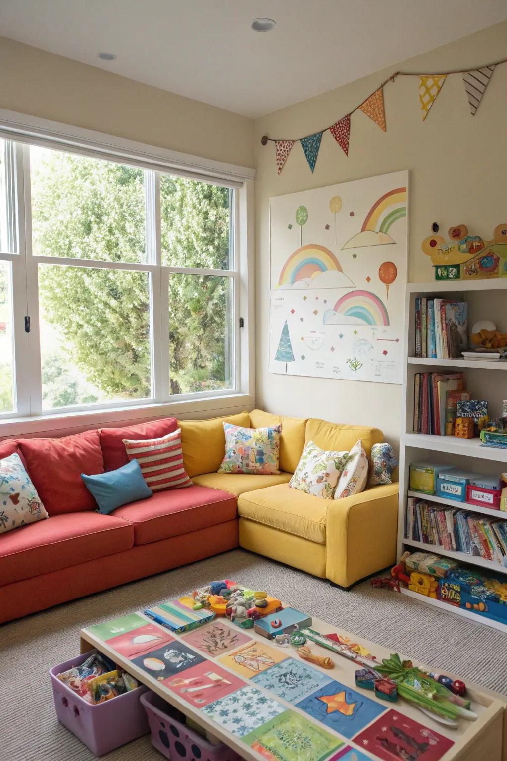 A playful playroom with a colorful sectional sofa as the centerpiece.