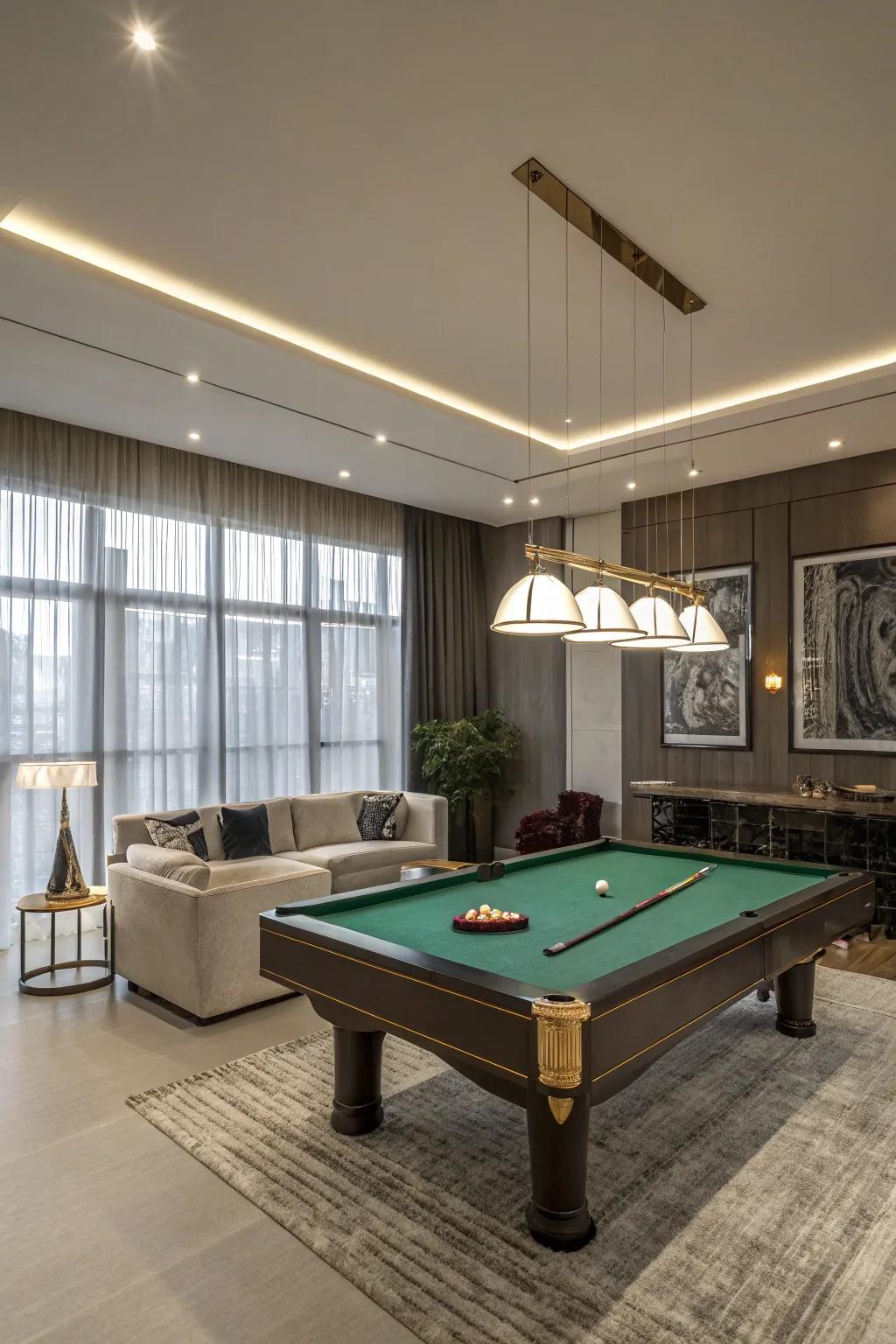 An elegant playroom featuring a stylish pool table.