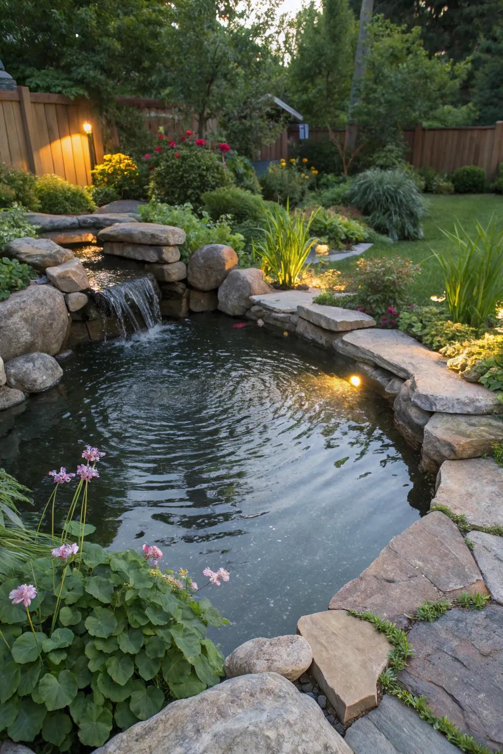 A backyard pond elegantly bordered by natural rocks.