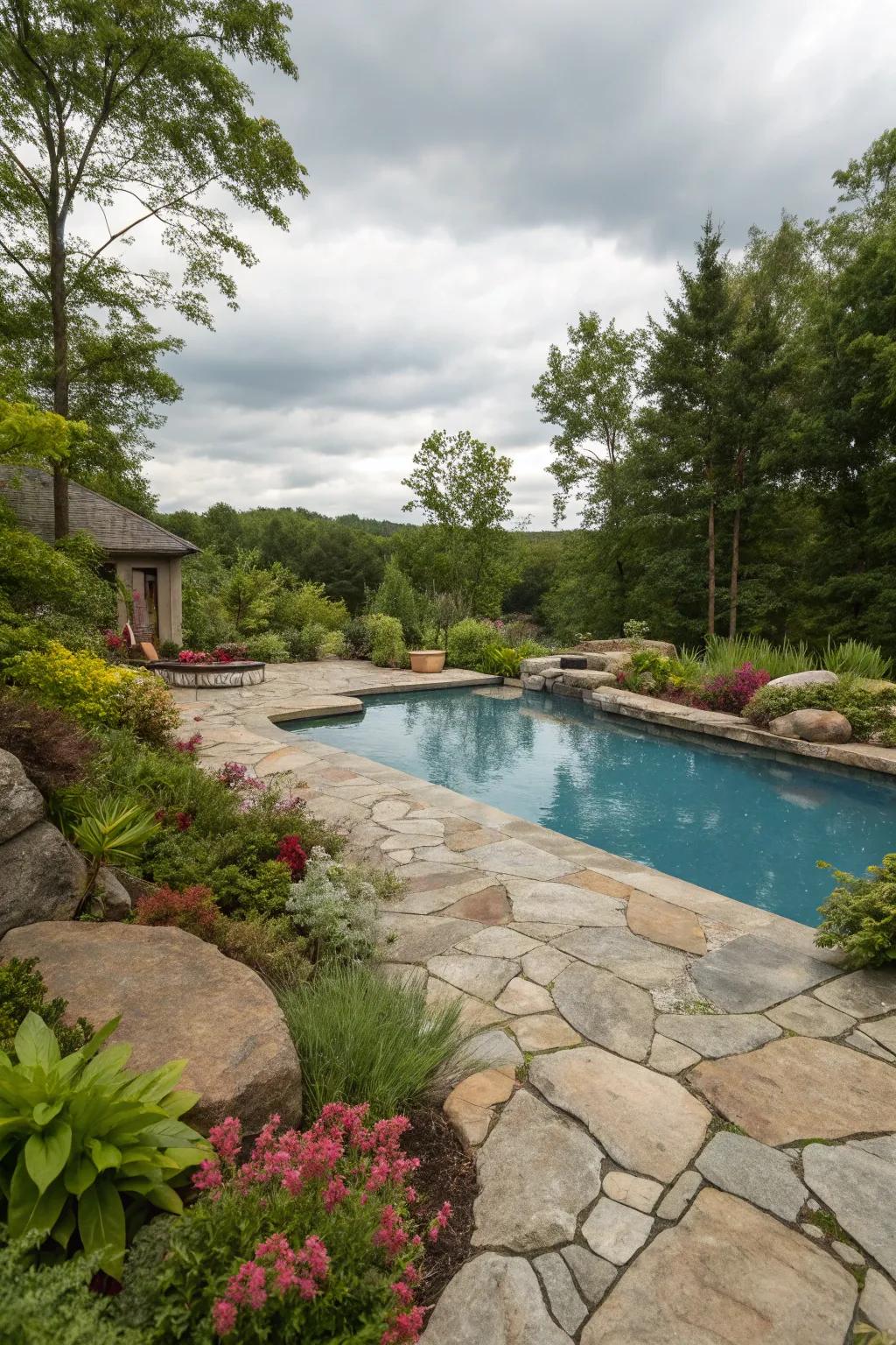 A serene pool surrounded by natural stones and lush greenery.