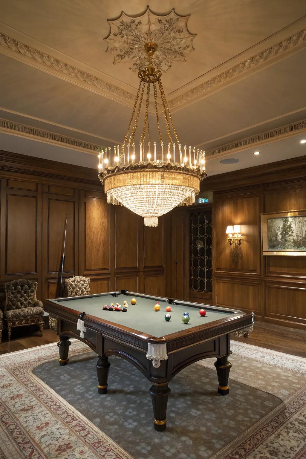 A chandelier not only illuminates but also adds a touch of elegance to your pool table room.