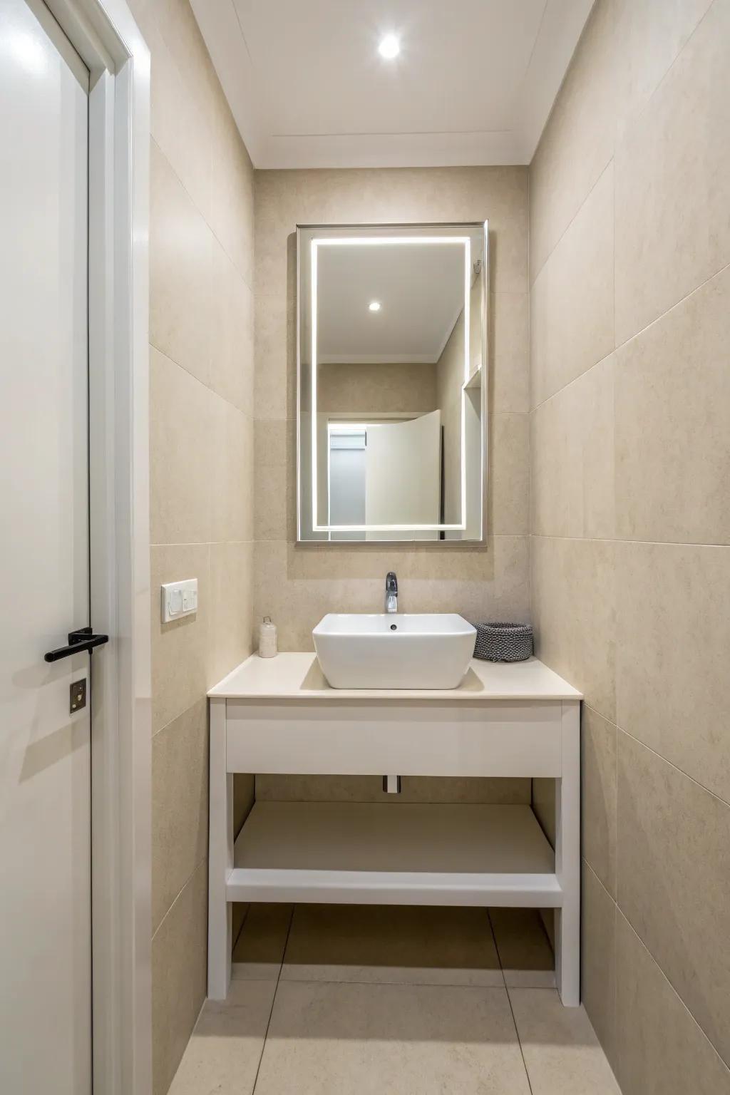 A minimalist powder room featuring clean lines and a serene neutral palette.