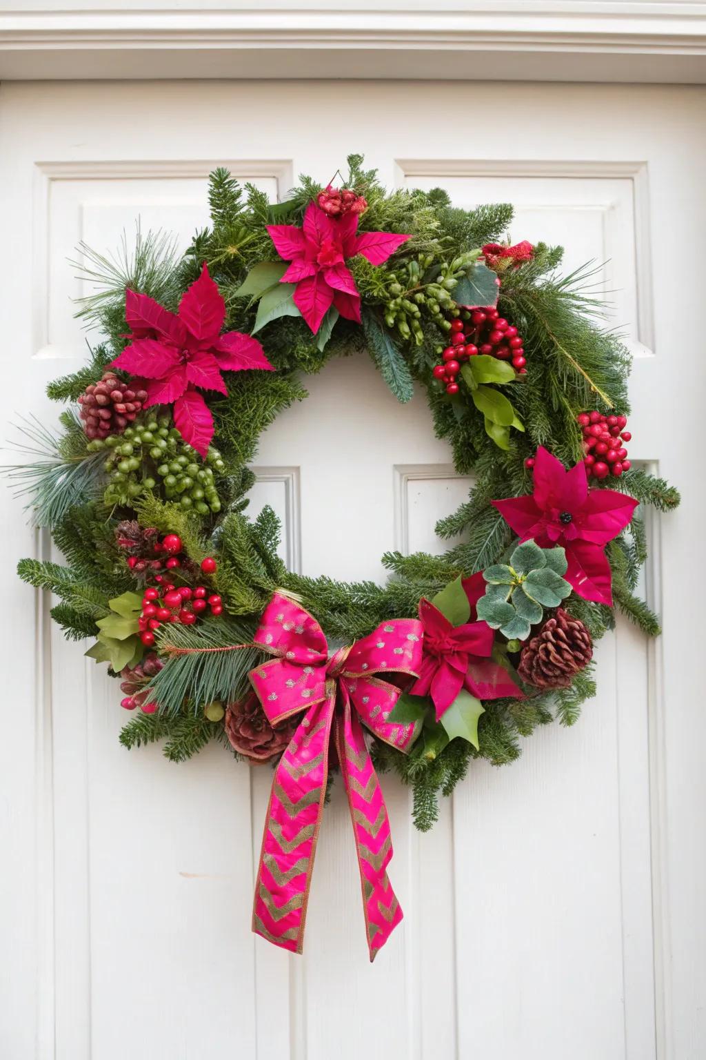 A lively preppy Christmas wreath in bright colors.