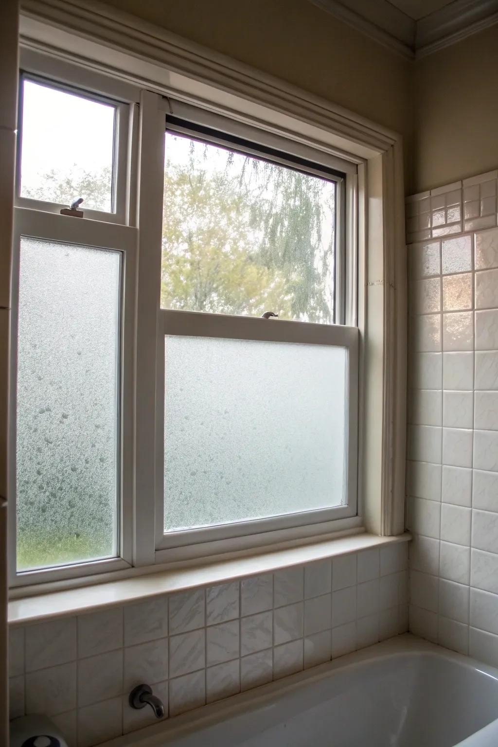 Frosted window film elegantly enhances bathroom privacy.