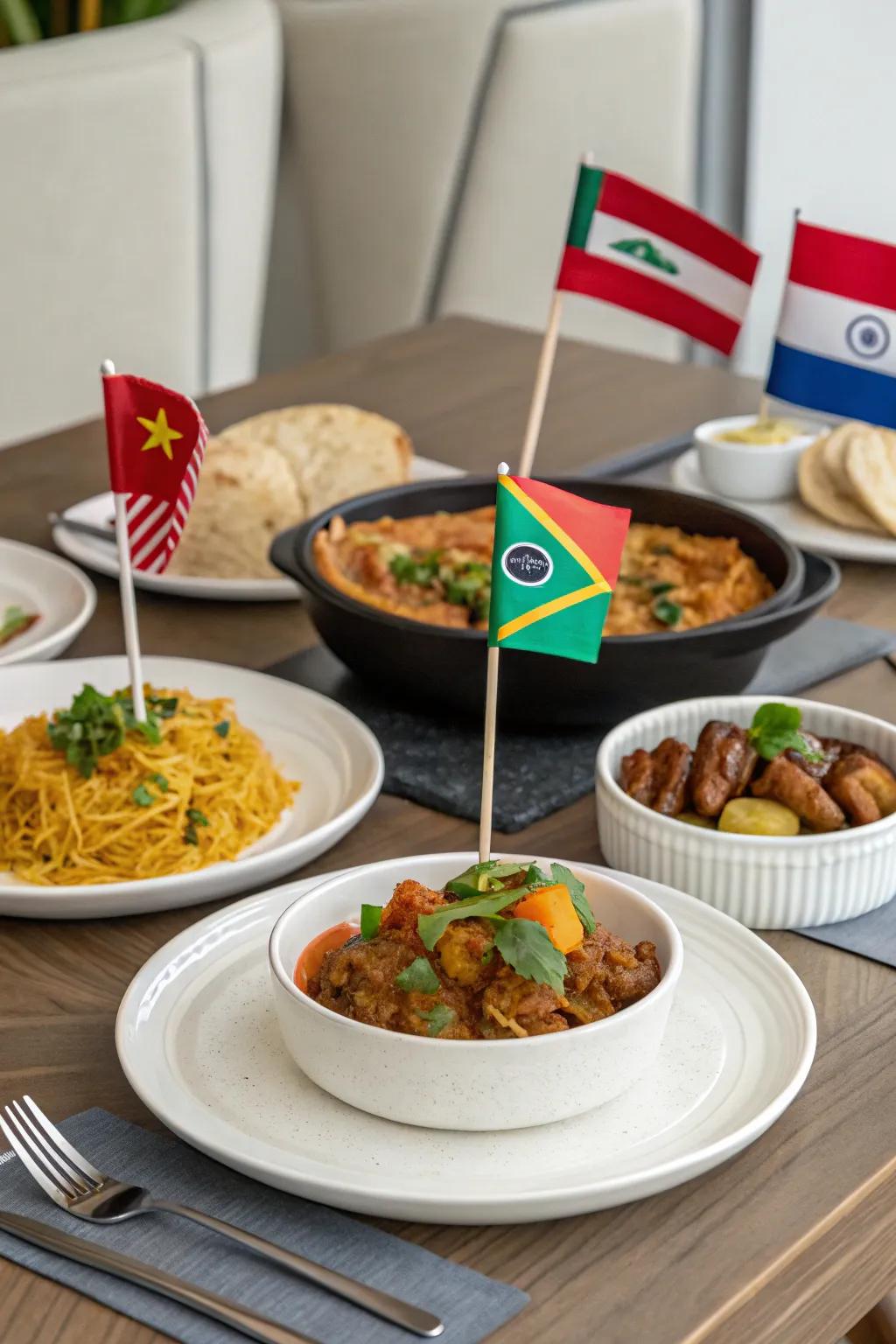 A dining table set with international dishes, adorned with small flags representing different countries.