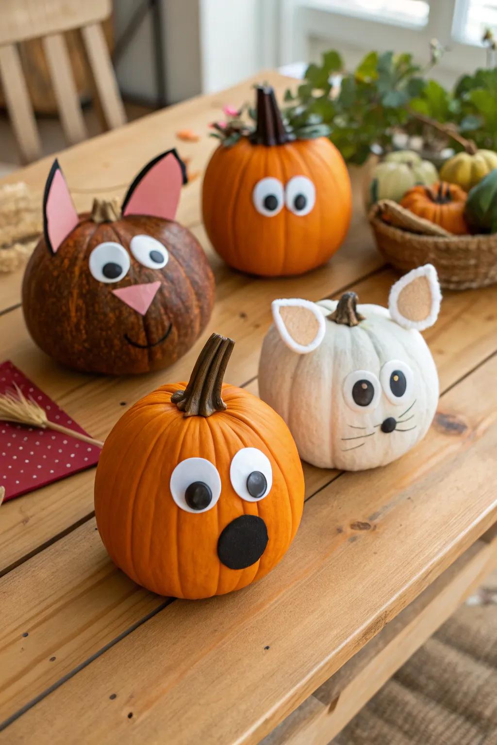 Pumpkins creatively decorated as charming animals.