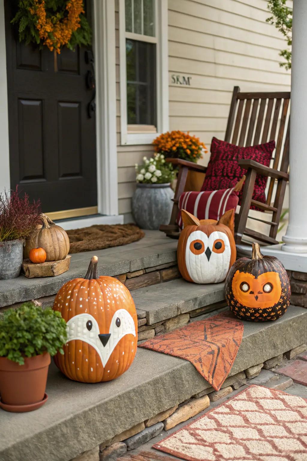 Transform pumpkins into adorable animal faces for a playful touch.