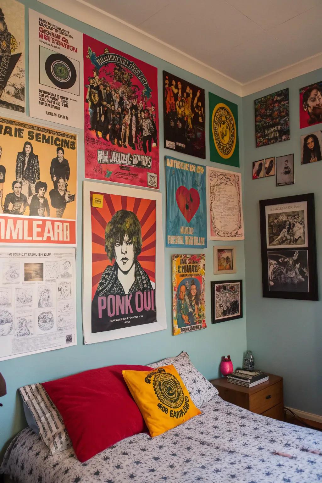 Create an energetic atmosphere with a collage of punk band posters and art.