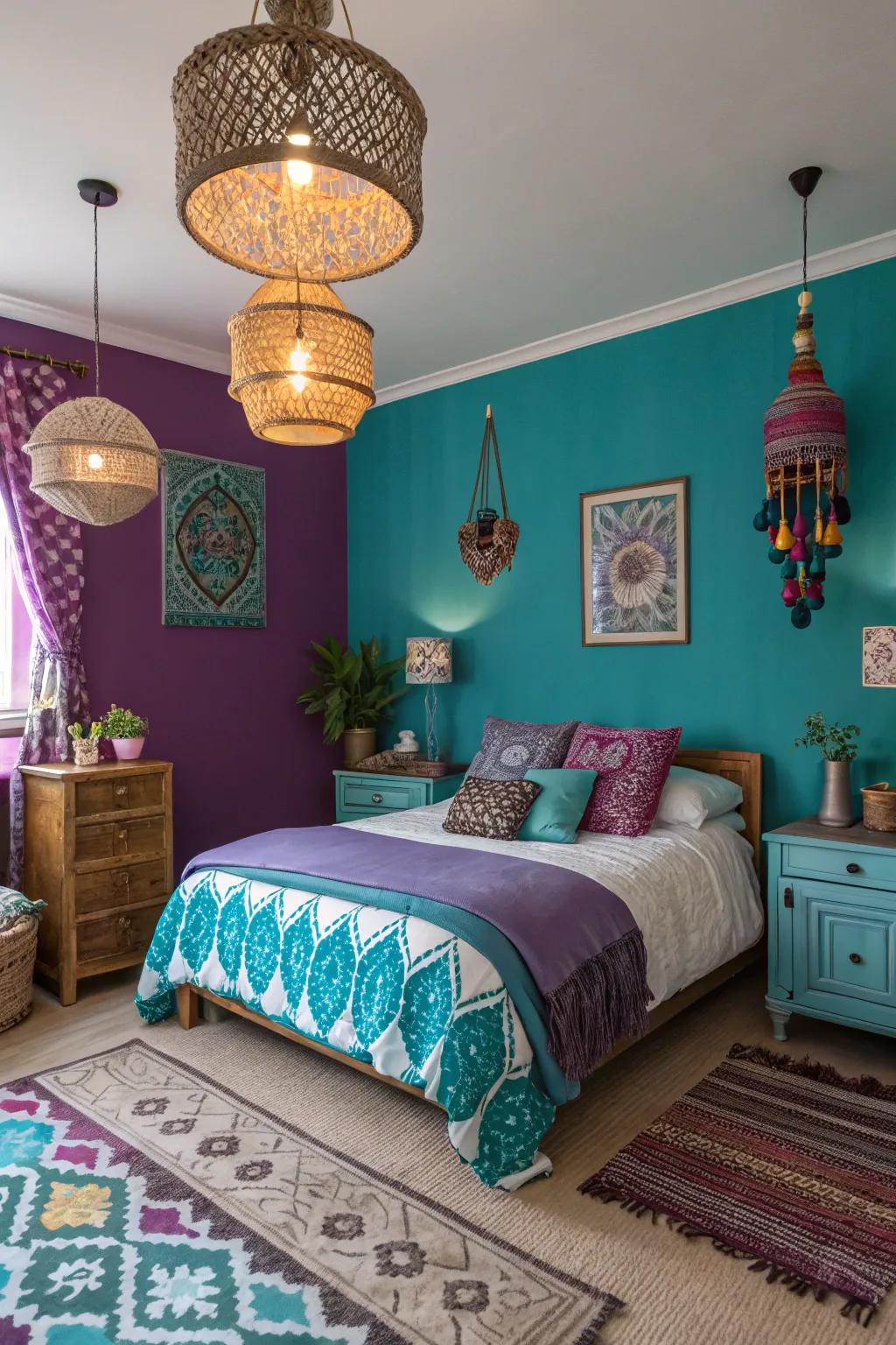 A bold bedroom featuring an unexpected teal blue and purple color combination.