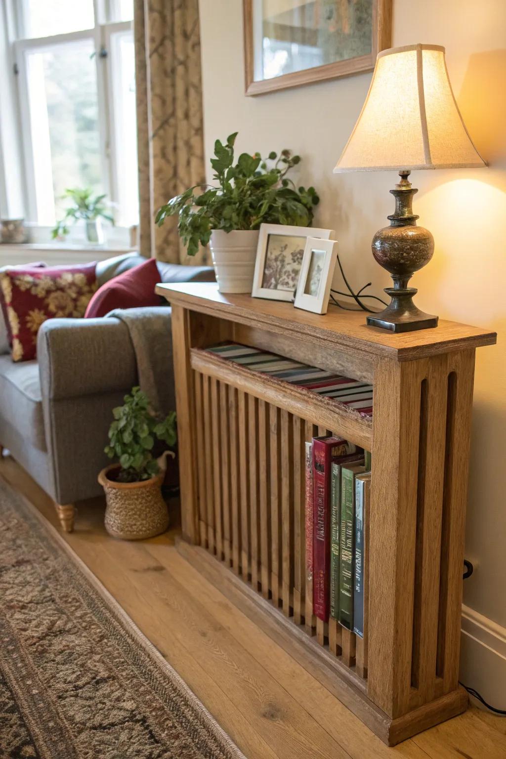 Wooden shelves add warmth and elegance to any radiator.