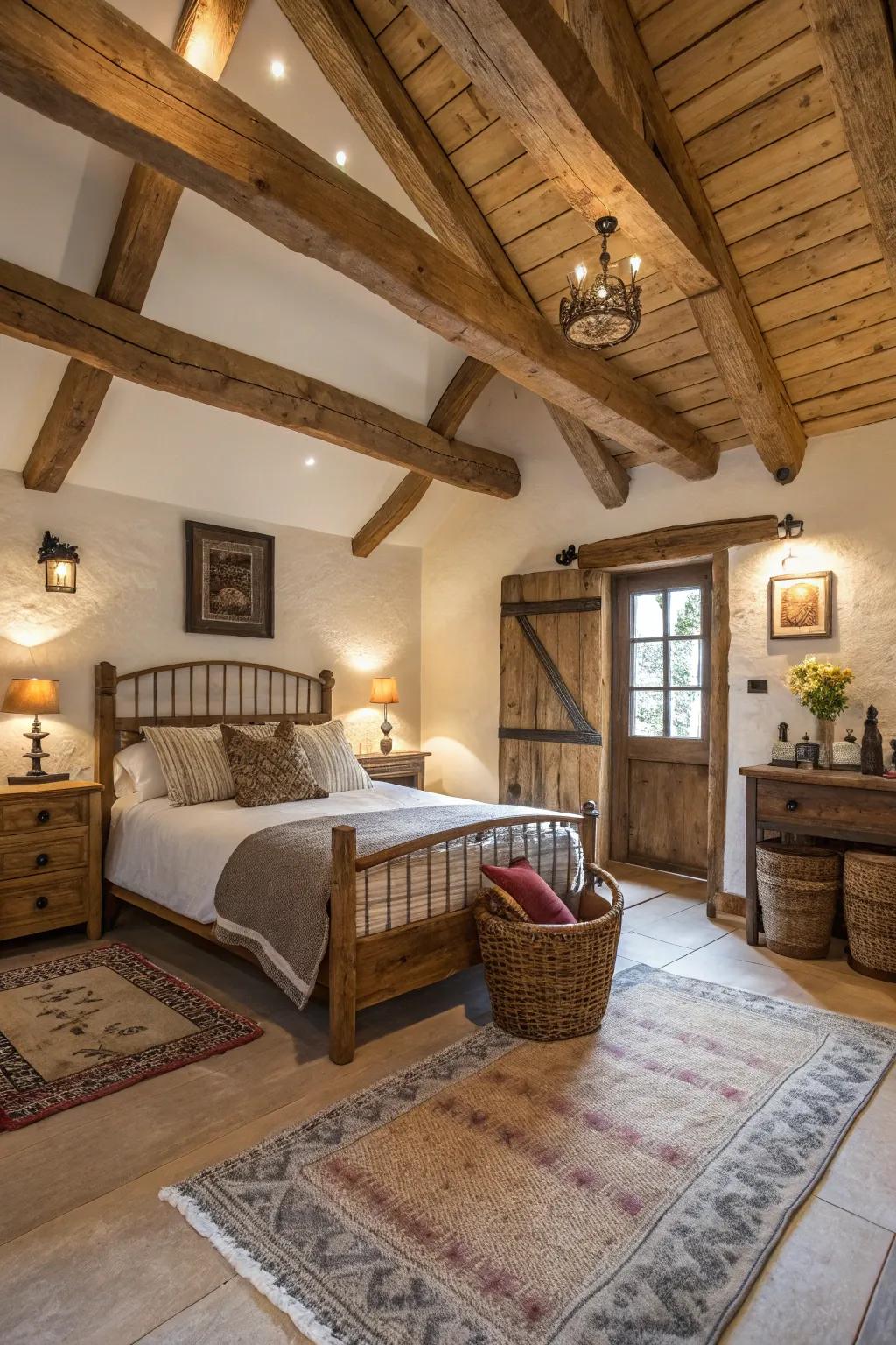 A ranch-style bedroom featuring exposed wooden beams and rustic decor elements.