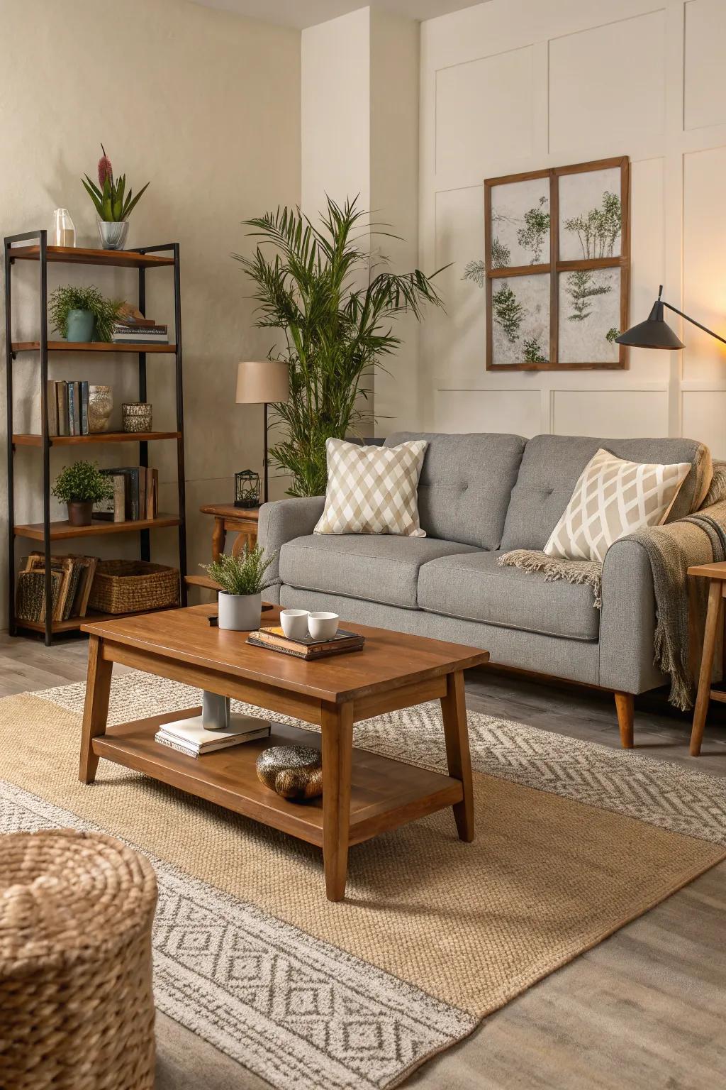 A tranquil living room with a soothing neutral color palette.