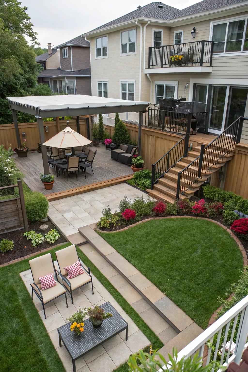 Multi-level designs add depth and interest to any rectangular backyard.