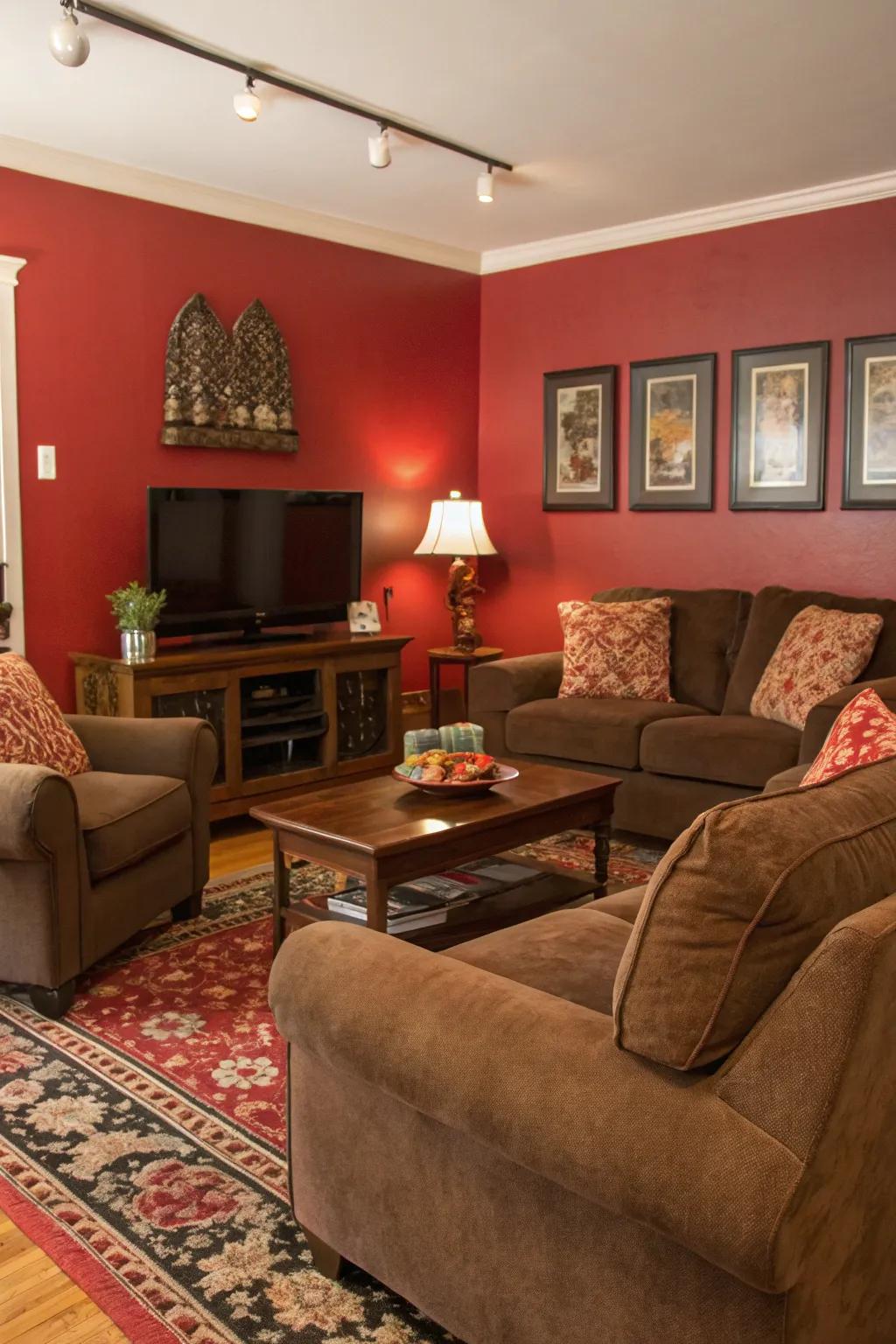 A bold red accent wall adds depth and focus to the living room.