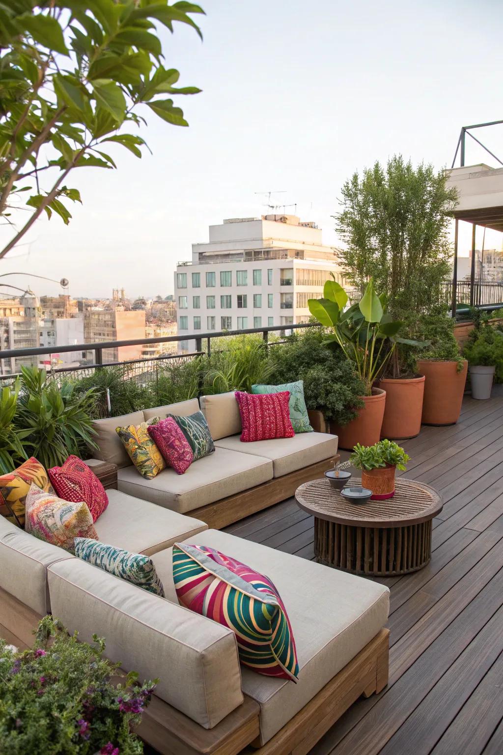 Transform your rooftop into a cozy lounge area with plush seating and vibrant cushions.