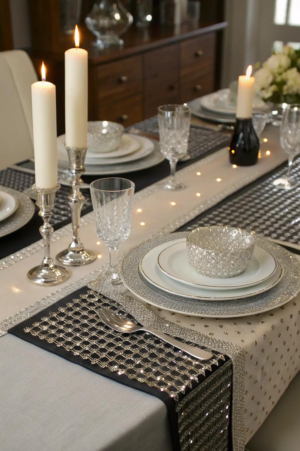 Grid pattern rhinestones add sophistication to dining.