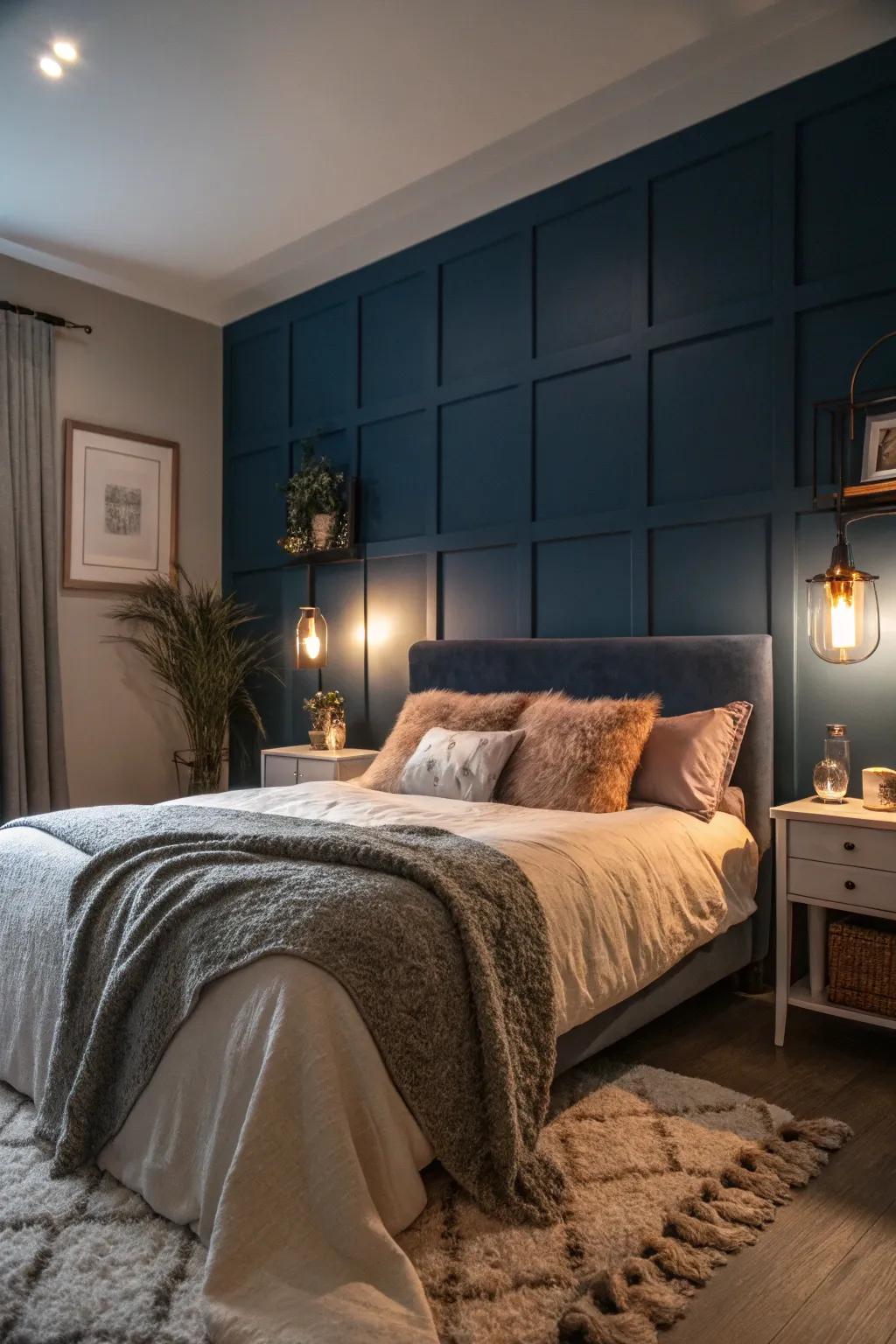 Dark blues create a cozy, intimate bedroom atmosphere.