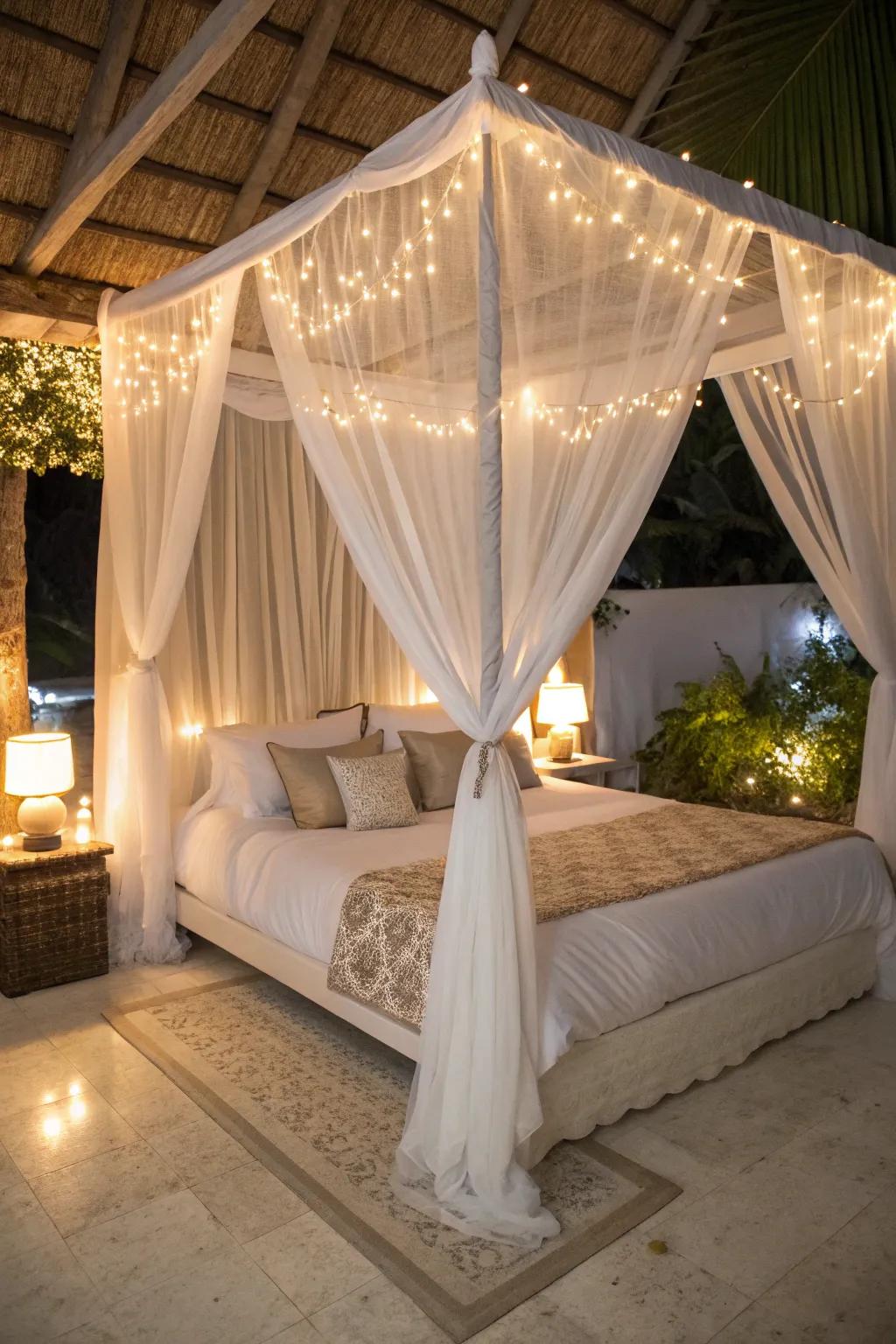 A canopy bed with sheer curtains exudes elegance and romance.