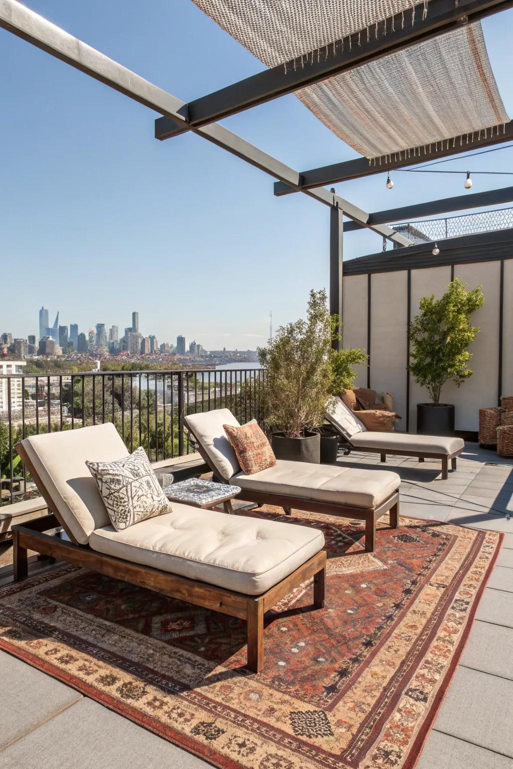 A rooftop relaxation haven with comfy seating.