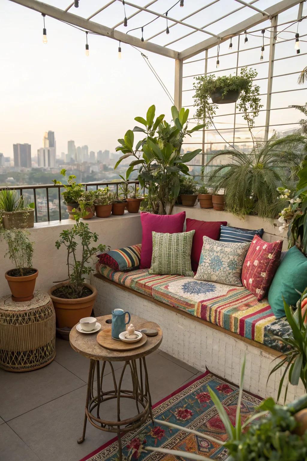 A cozy corner on the rooftop with vibrant cushions and greenery.