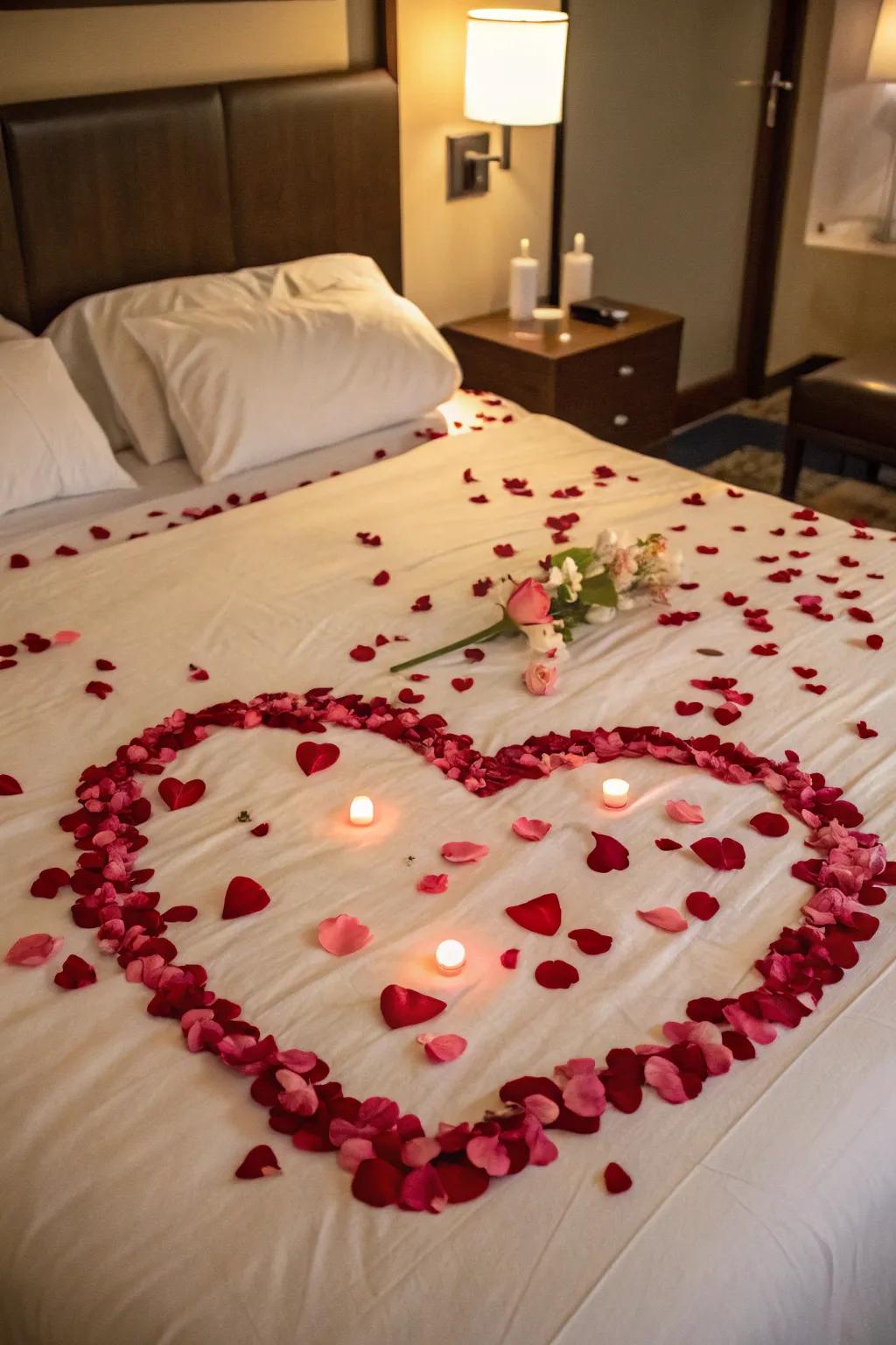 A heart of rose petals on a bed, setting the stage for romance