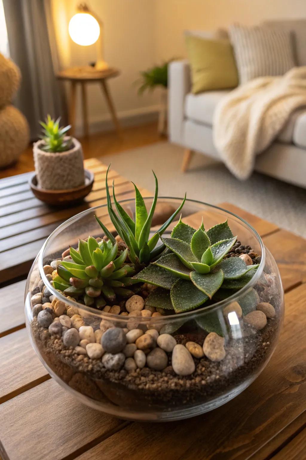 A charming terrarium in a round glass bowl brings nature indoors.