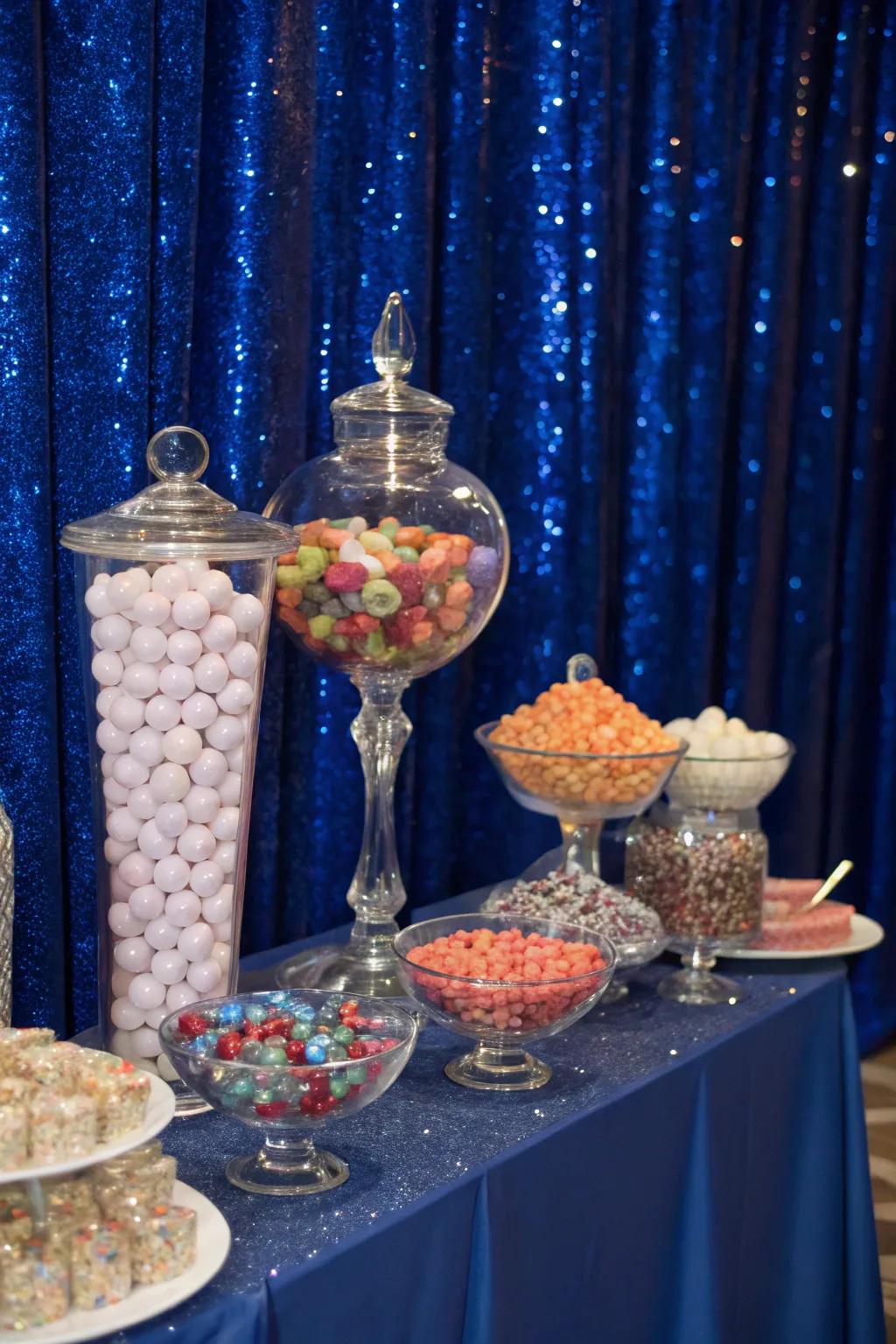 A candy table with a shimmering royal blue backdrop that enhances the visual appeal.