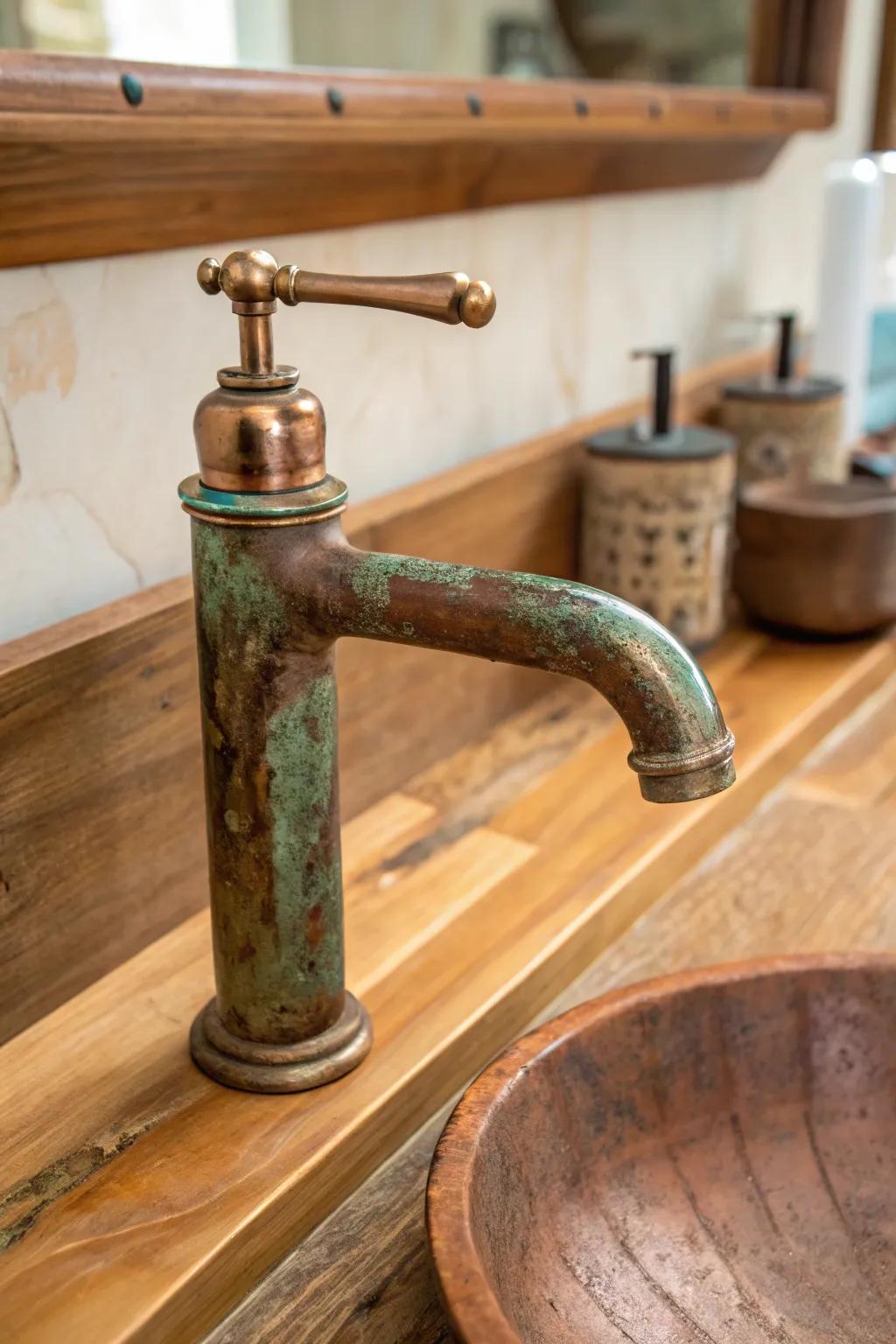 A copper faucet with vintage patina adds warmth and character.