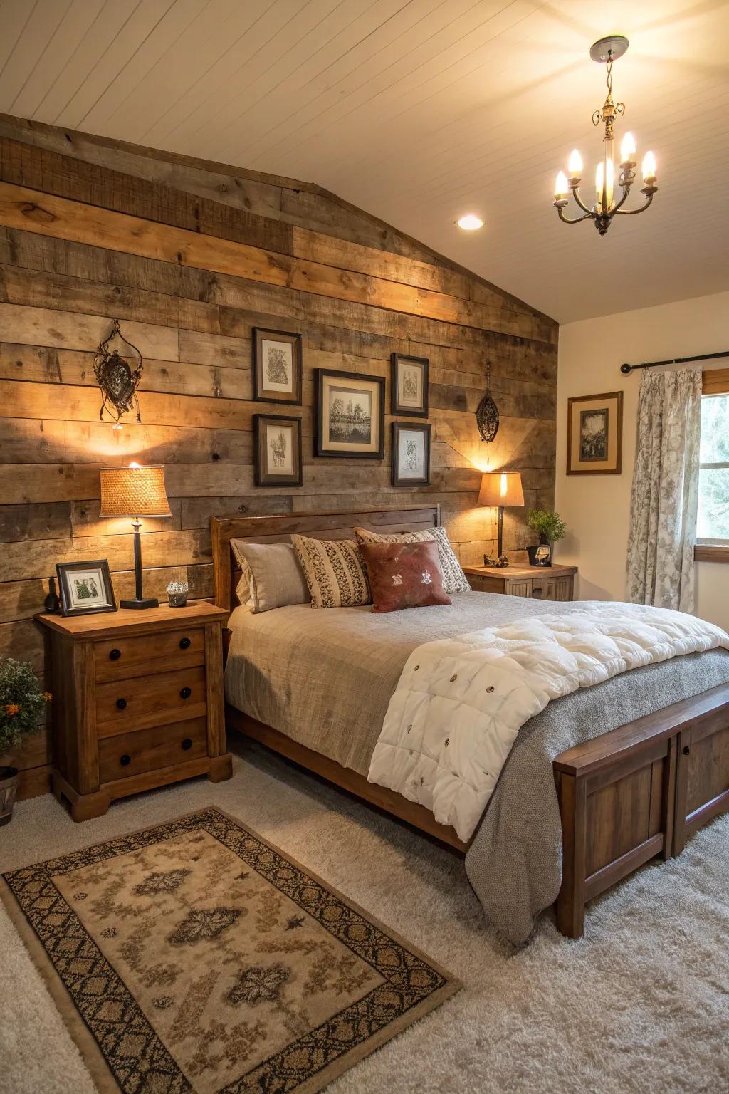 A bedroom with a striking reclaimed wood accent wall.