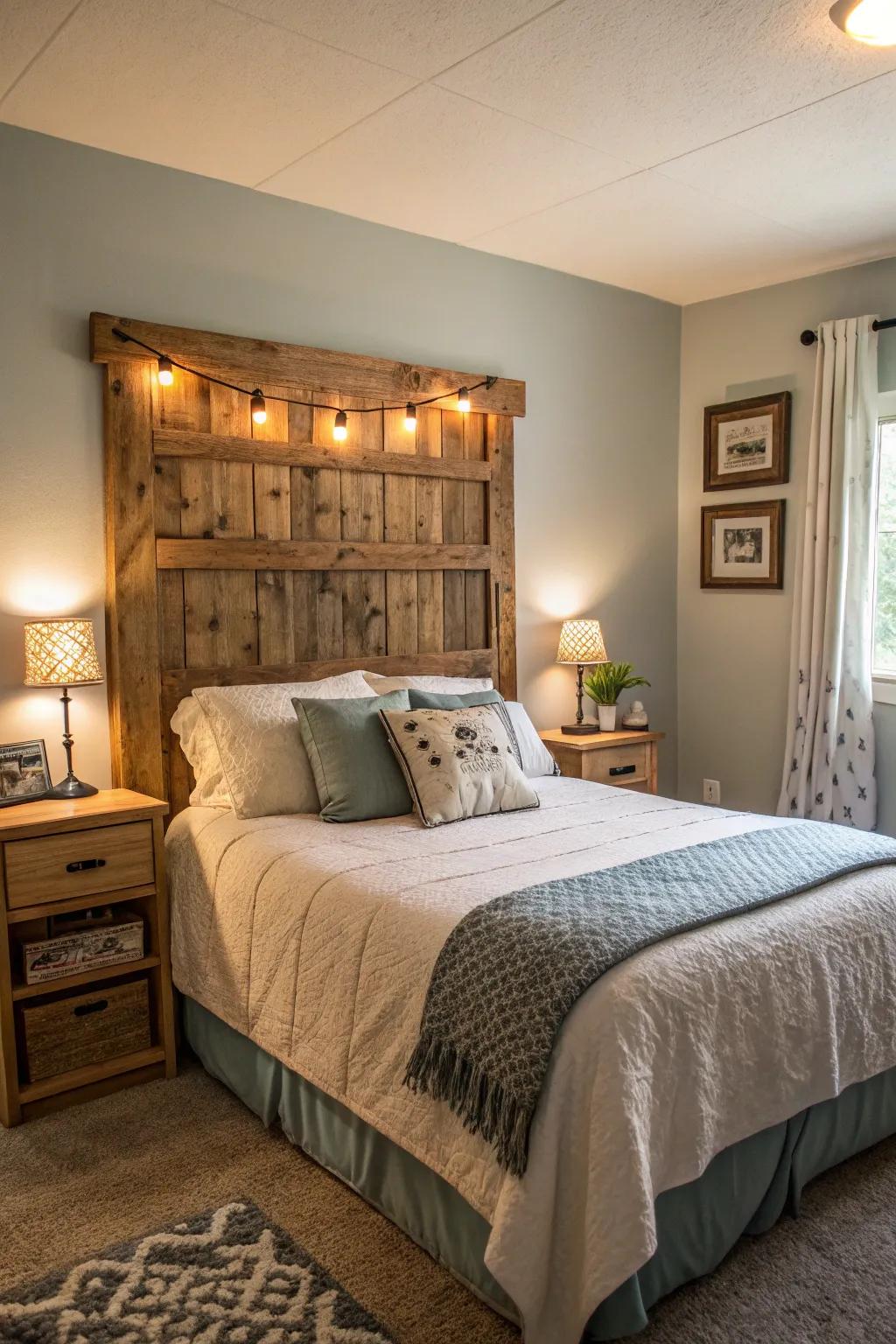 A reclaimed wood headboard adds character and rustic charm.