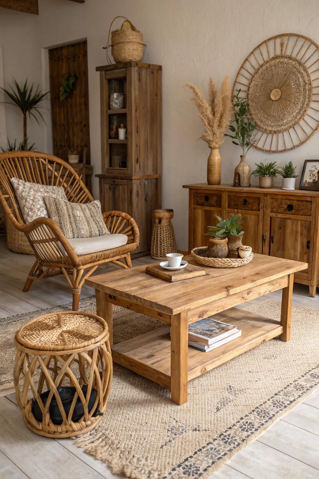 Natural materials like wood and rattan create a warm, organic feel.