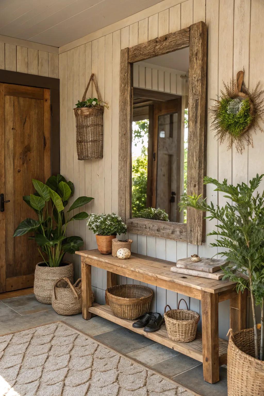 An entryway featuring a mirror framed with reclaimed wood.