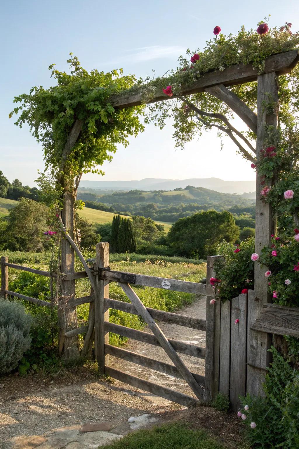 A classic wooden gate framed by vibrant greenery.