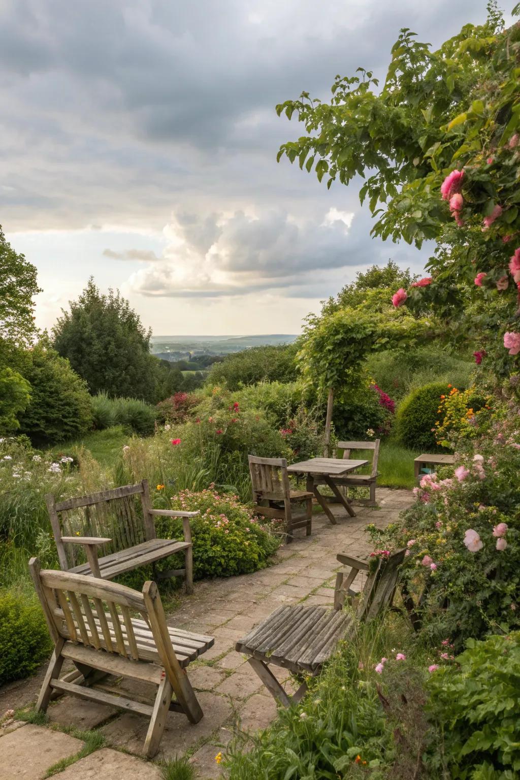 A cozy seating area in a rustic garden setting.