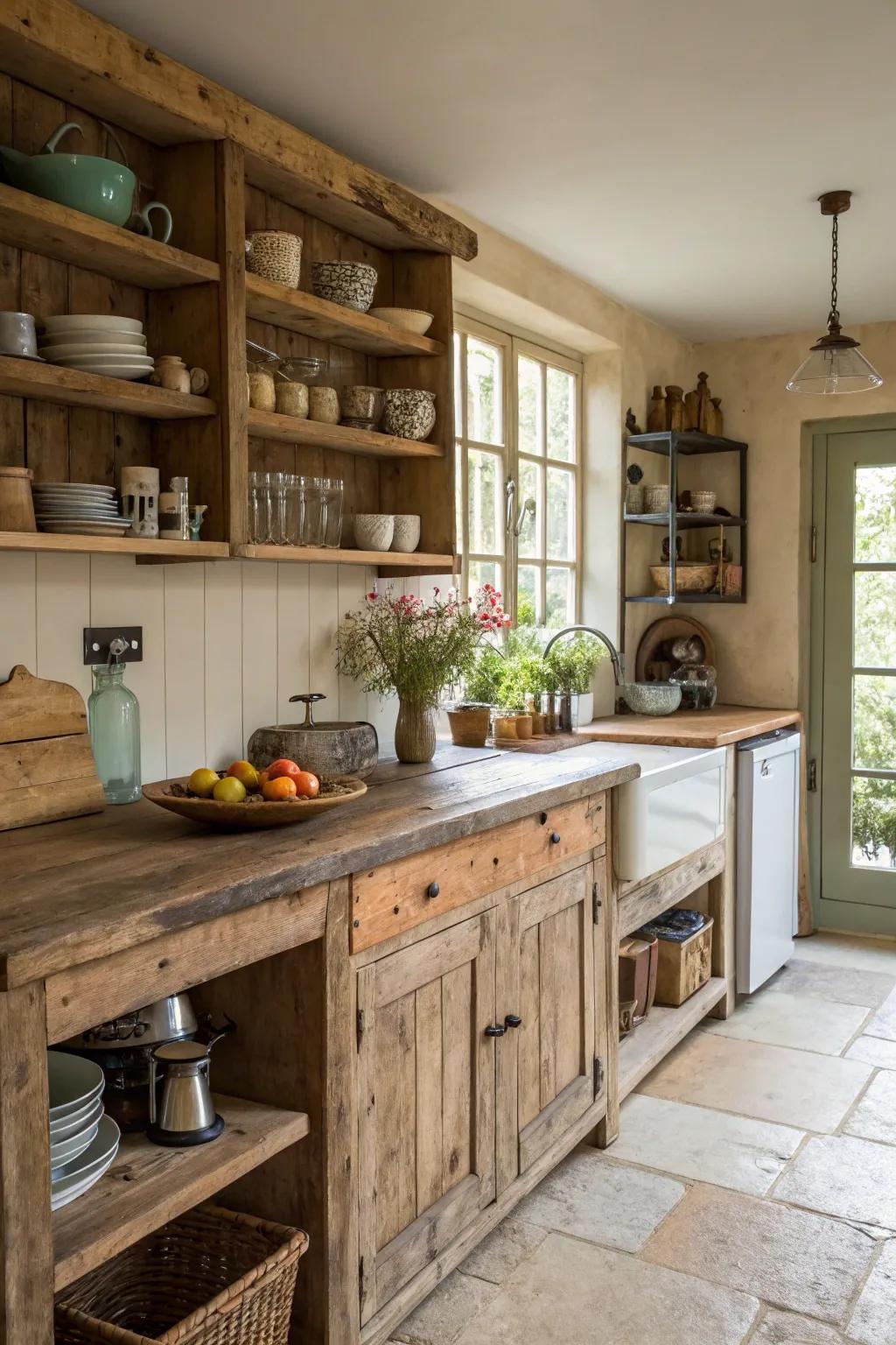 Reclaimed wood adds character and a sense of history to any rustic kitchen.