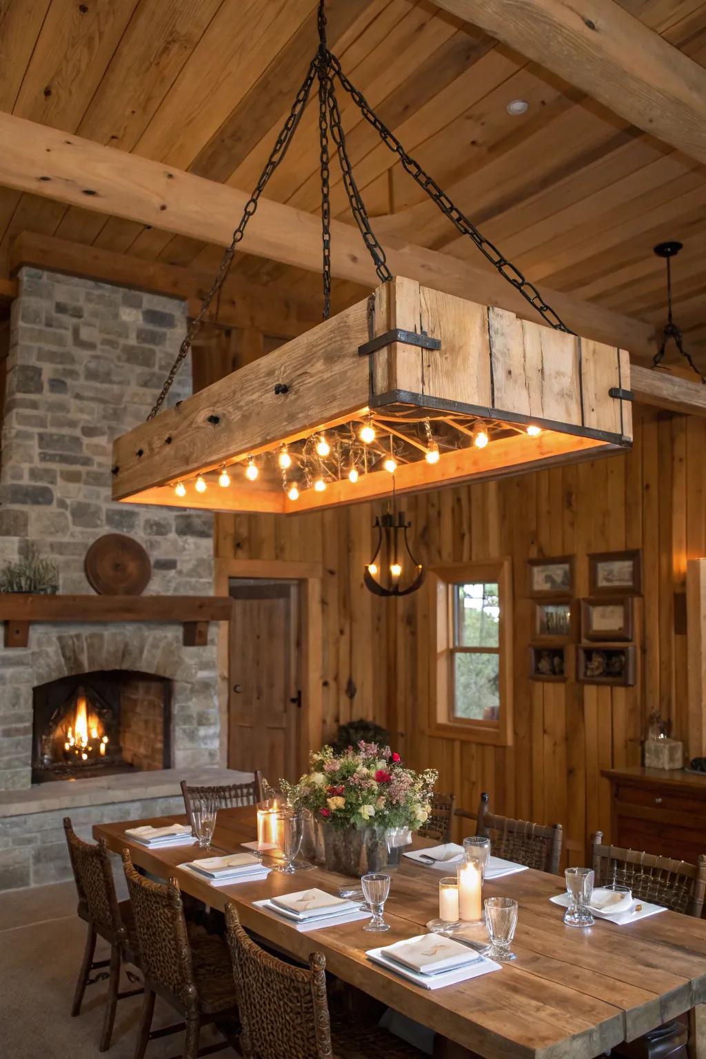 A stunning wooden beam chandelier adds rustic elegance to this dining area.