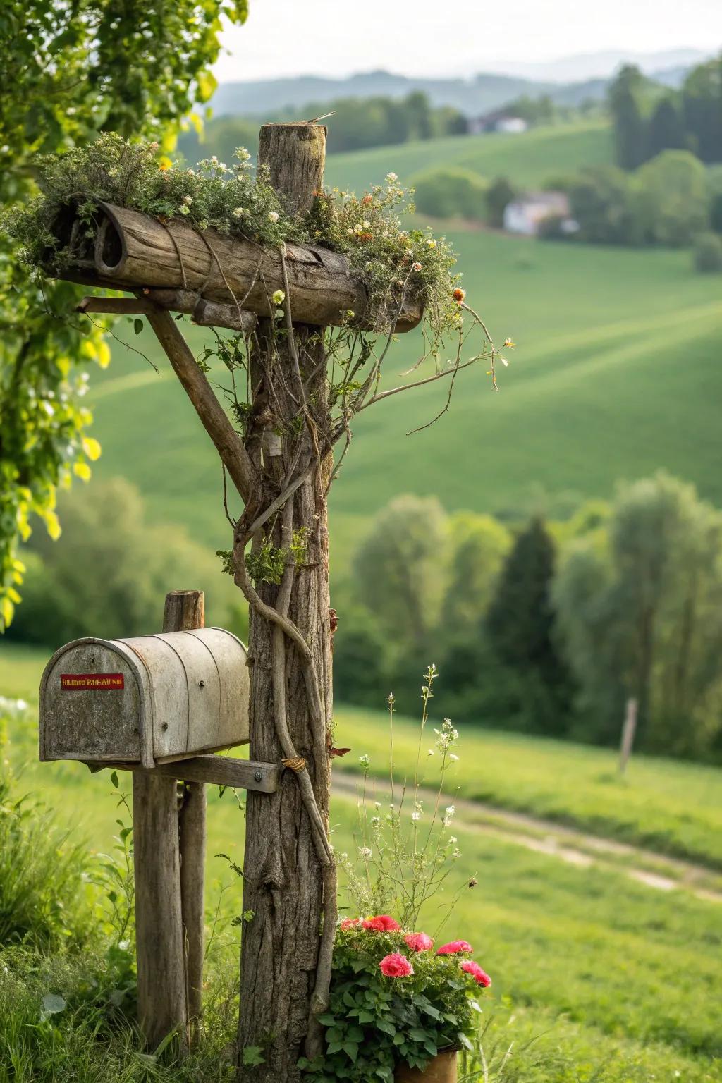 A mailbox post crafted from logs and branches exudes natural charm.