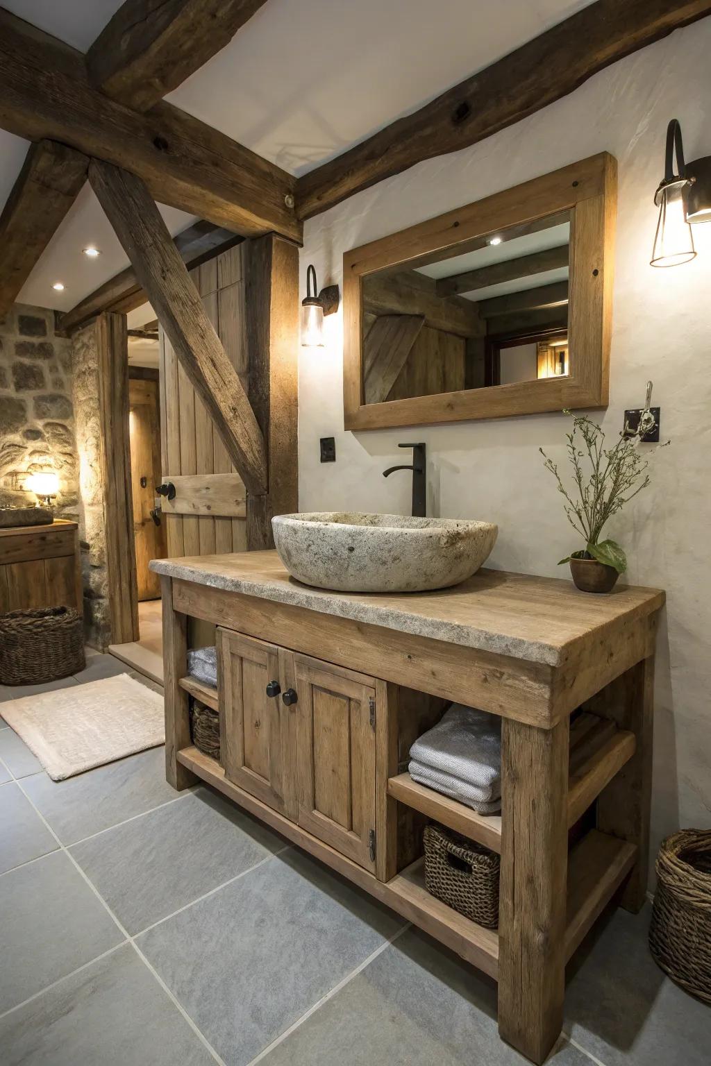 A rustic vanity crafted from reclaimed wood adds charm and warmth.