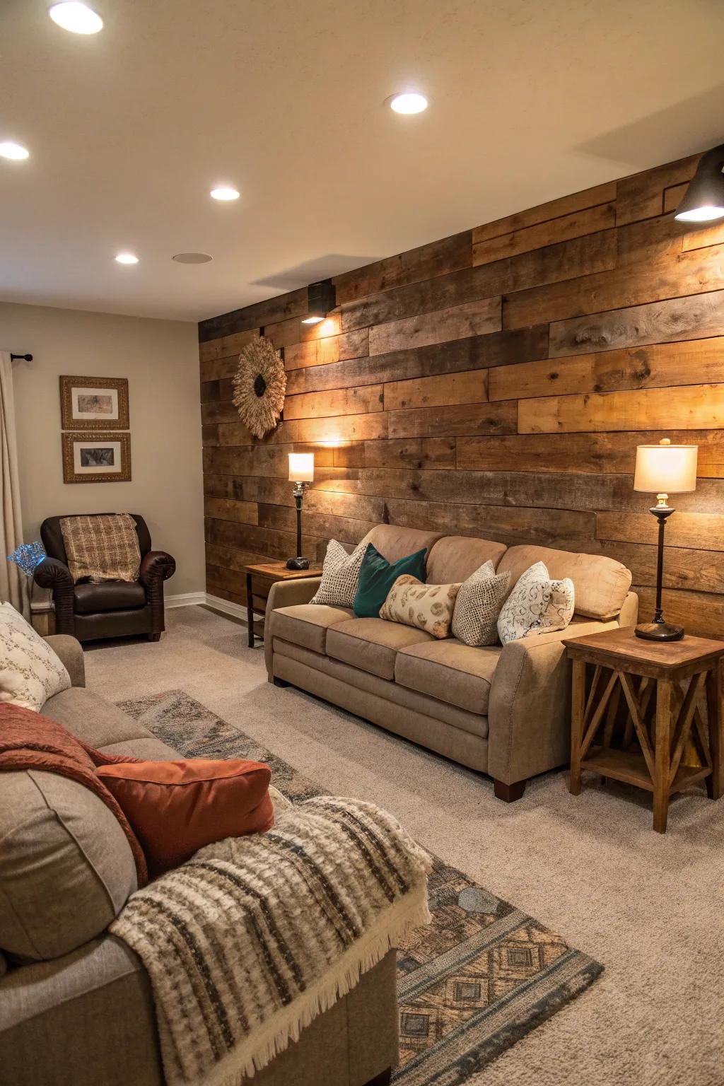 A living room with a reclaimed wood accent wall that serves as a captivating focal point.