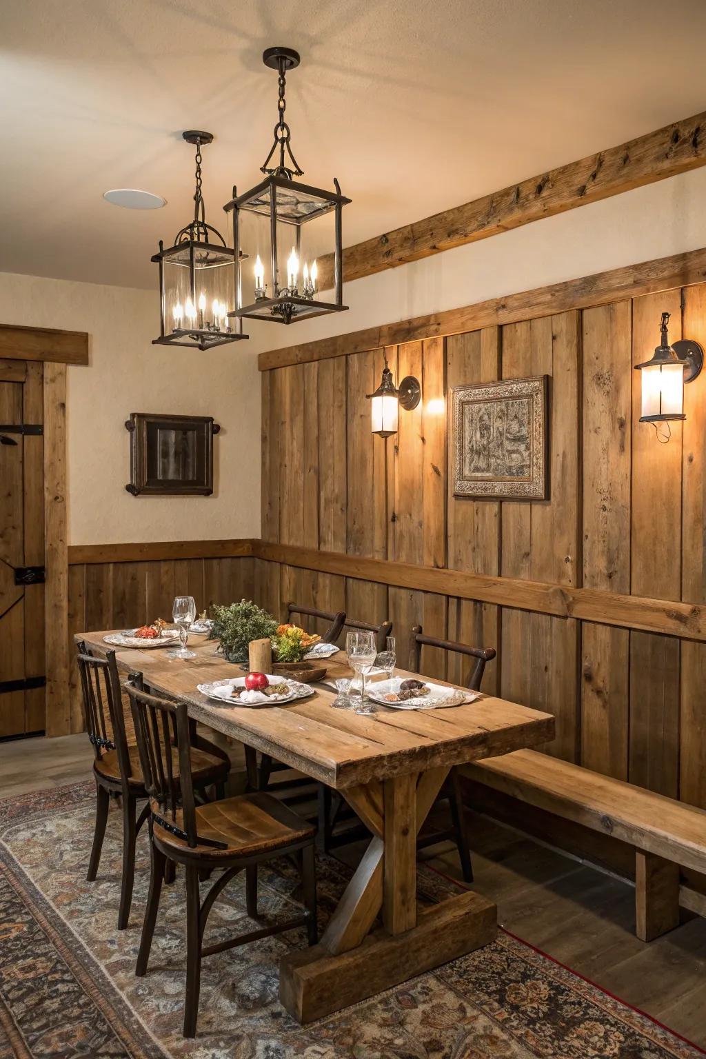 Reclaimed wood wainscoting adds character and history to your dining space.