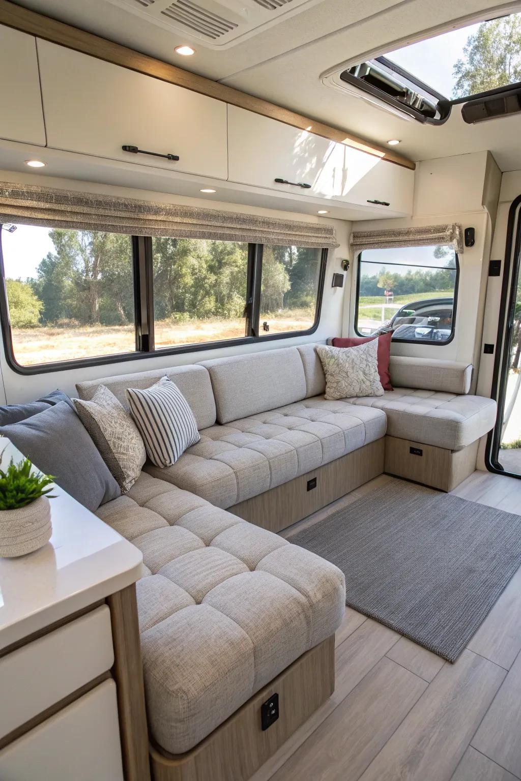 Modular couches offer versatile seating arrangements for RVs.