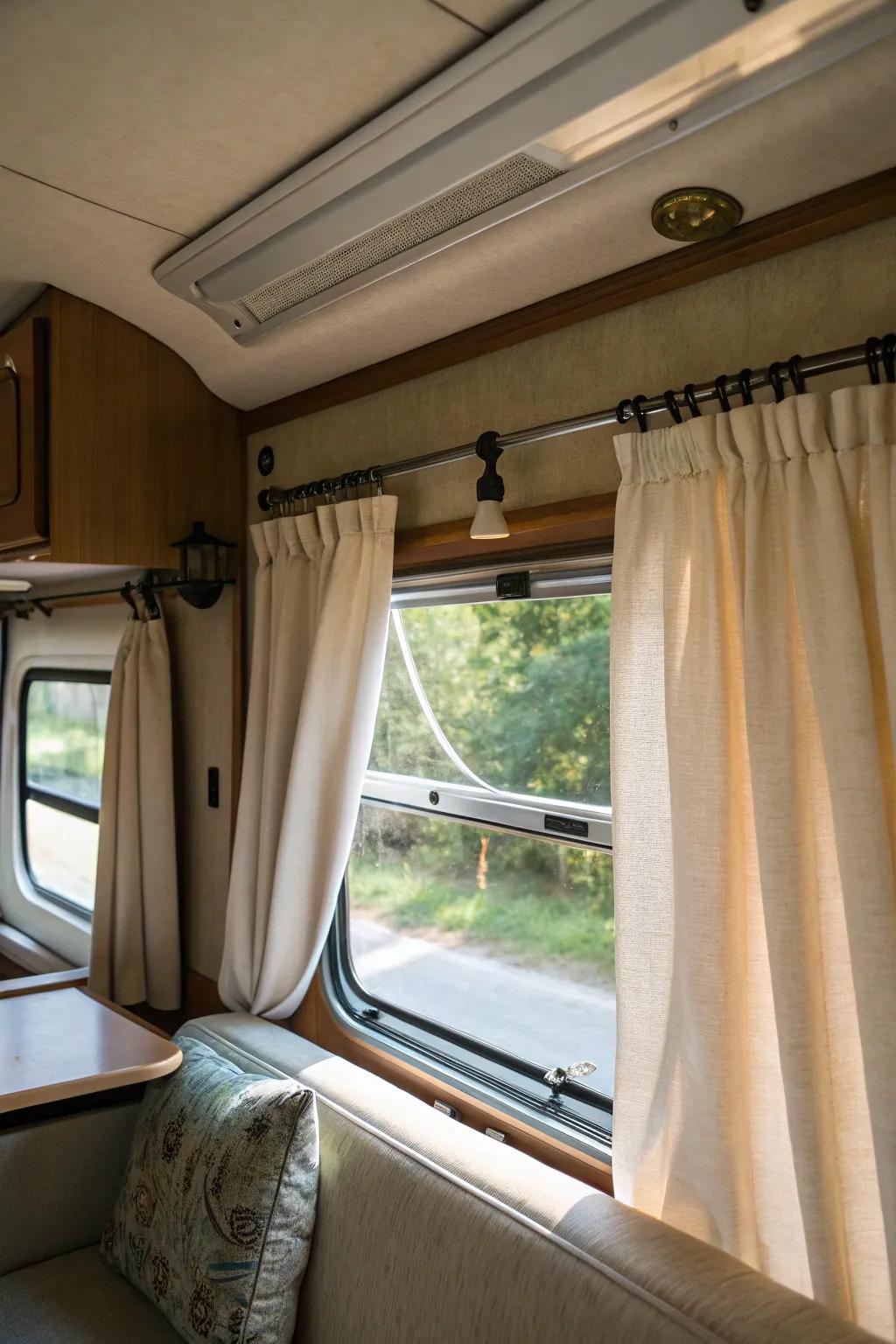 Effortlessly stylish: tension rod curtains in an RV.