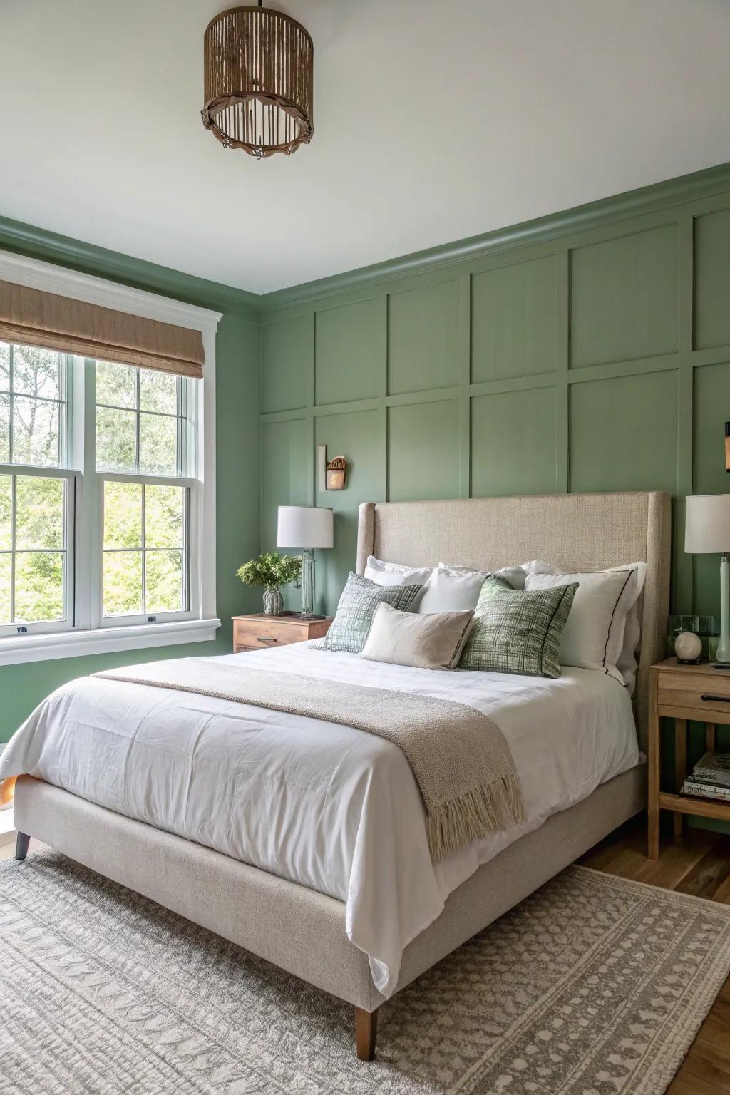 A sage green accent wall becomes the serene centerpiece of a tranquil bedroom.