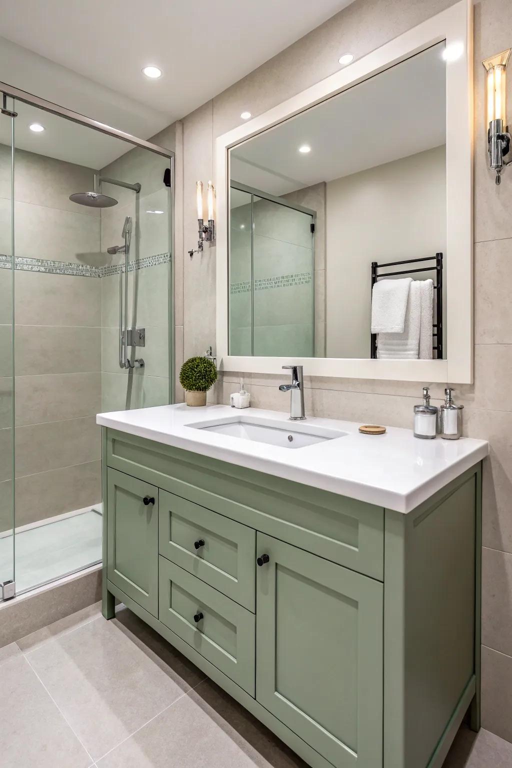 A modern bathroom design featuring a sleek sage green vanity with white countertops.